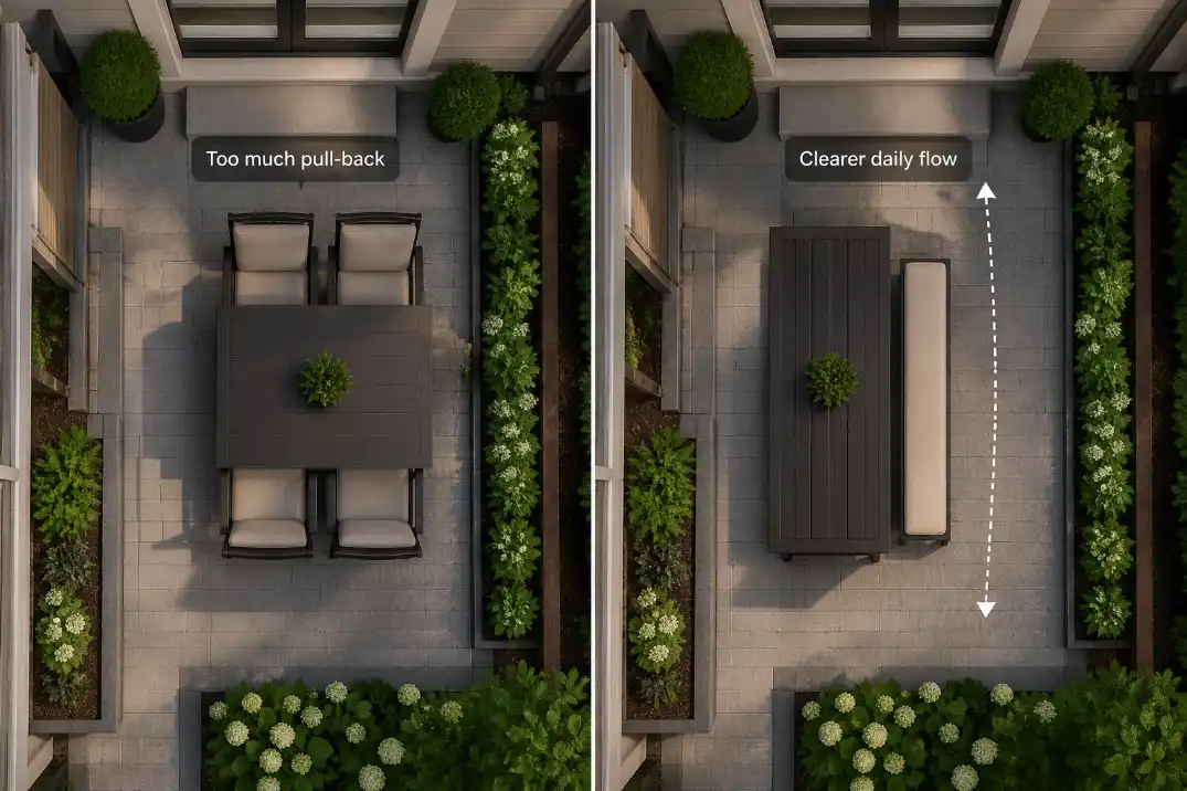 Before and after overhead view of a small rectangular patio showing bulky dining furniture replaced by a bench layout with a clear walking lane.