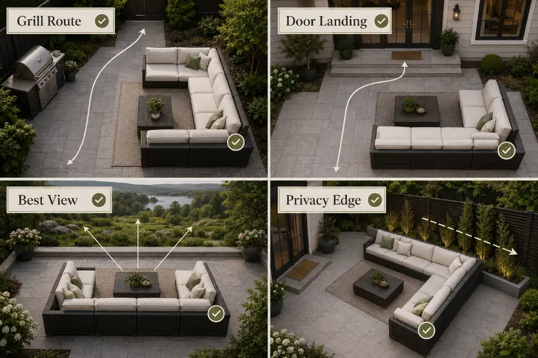 Four premium-labeled small patio sectional layout scenarios showing grill route, door landing, best view, and privacy edge placement.