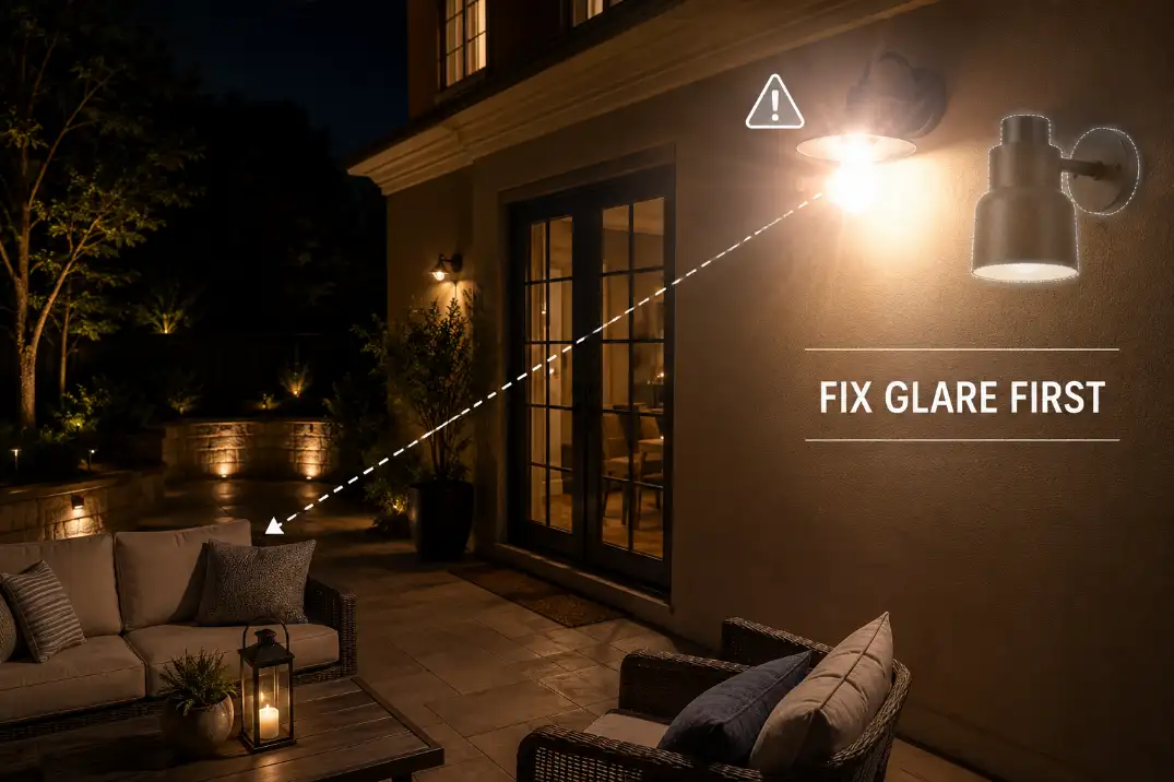 Premium patio lighting graphic showing a harsh porch light overpowering warm fixtures with text advising to fix glare first.
