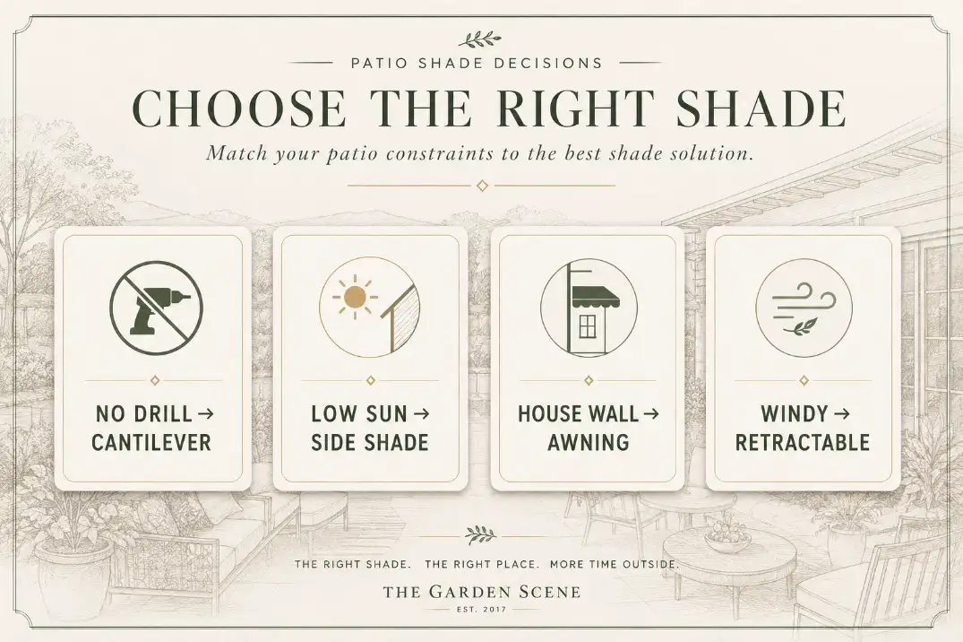 Premium decision graphic showing the best shade option for small patios based on no-drill needs, low sun, house wall access, and wind exposure