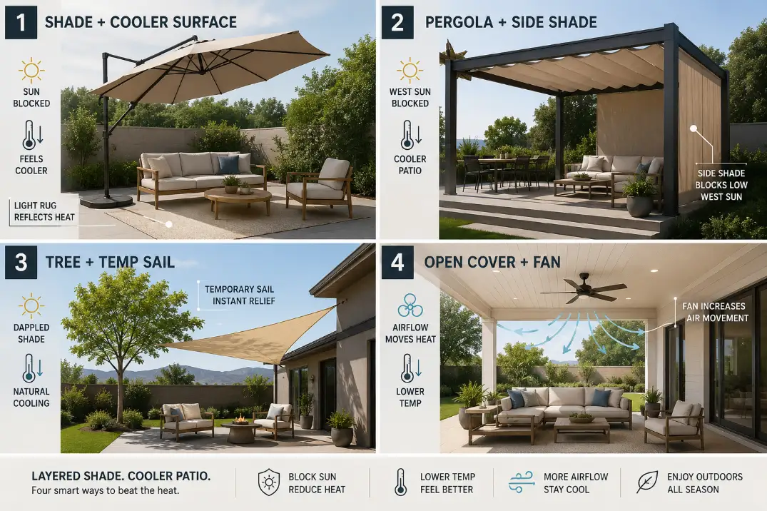 Premium four-panel patio shade ideas graphic showing layered cooling setups with umbrella and rug, pergola and side shade, tree and sail, and open cover with fan.