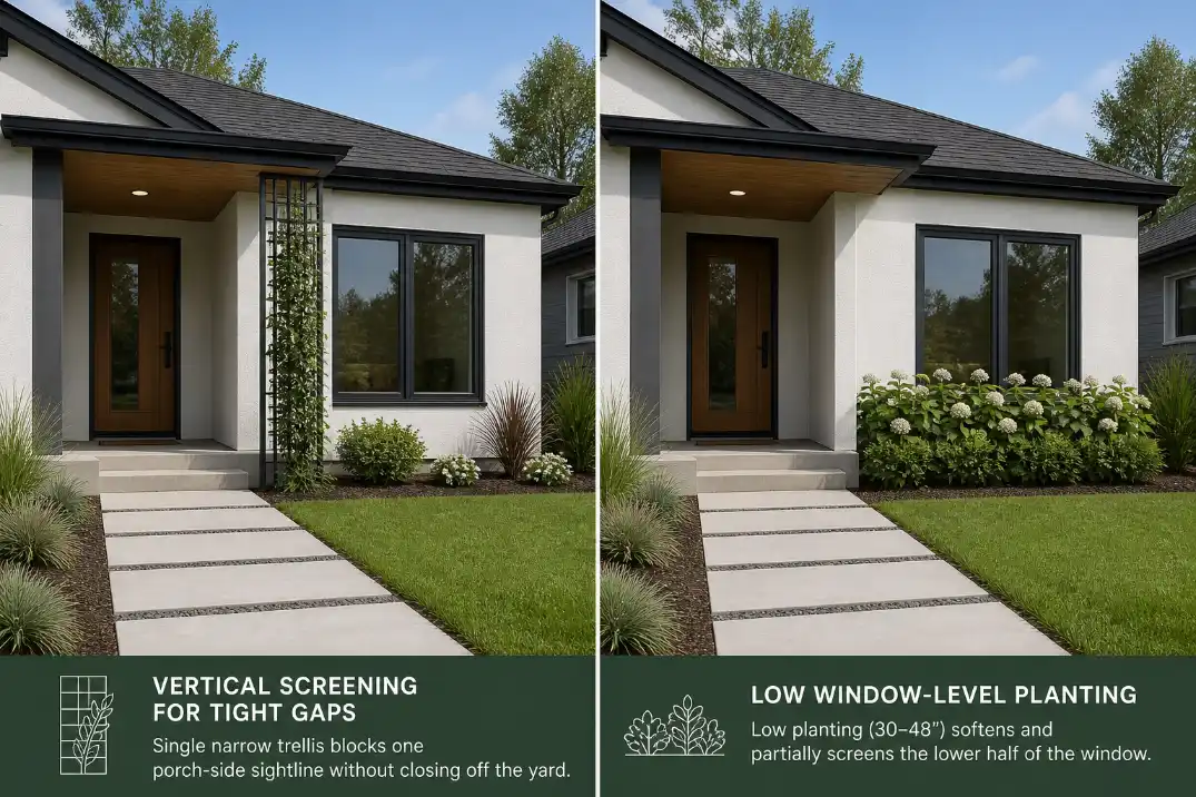Comparison of a narrow trellis and window-level planting for privacy in a small front yard without a fence.