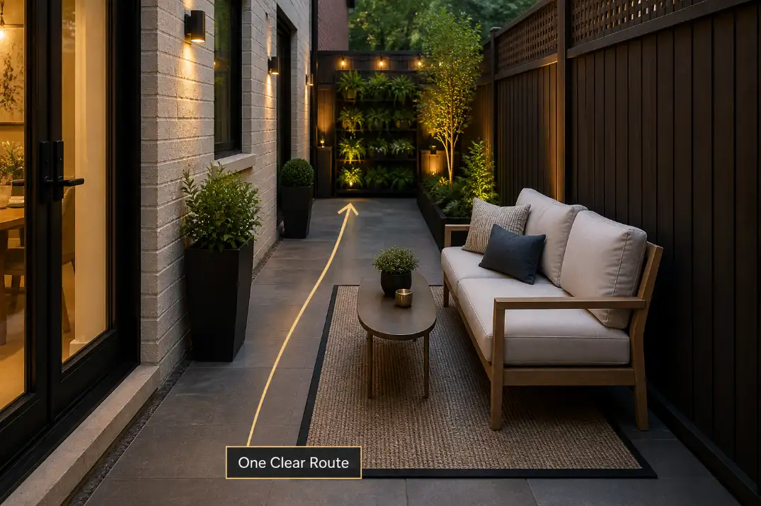 Finished long narrow patio with slim one-sided seating and a simple overlay showing one clear walking route.