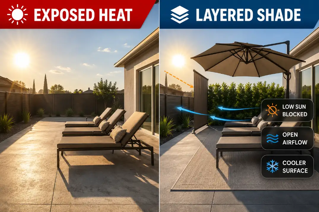 Premium before and after graphic showing layered backyard patio shade with umbrella, side screen, and cooler surface treatment.