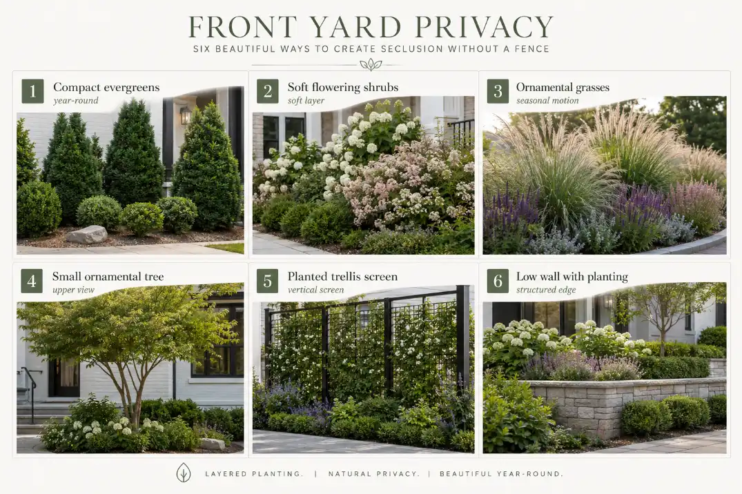 Front yard privacy plant palette showing evergreens, shrubs, grasses, small trees, planted trellises, and low walls.