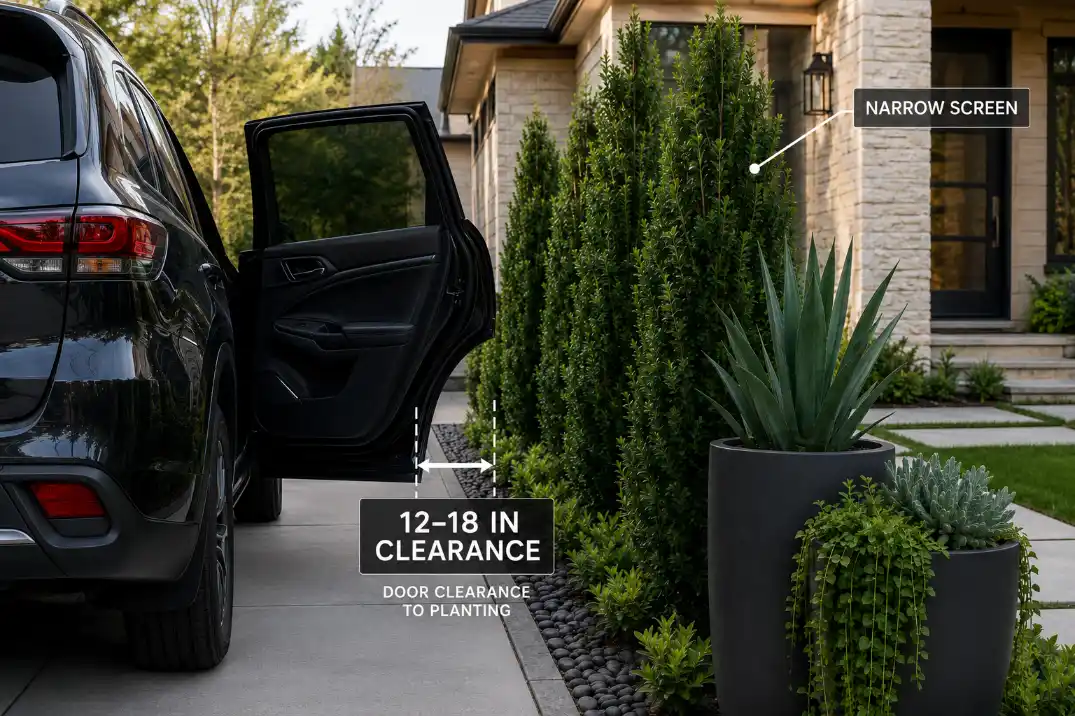 Driveway edge privacy landscaping with narrow shrubs and planters set back 12 to 18 inches for car door clearance.