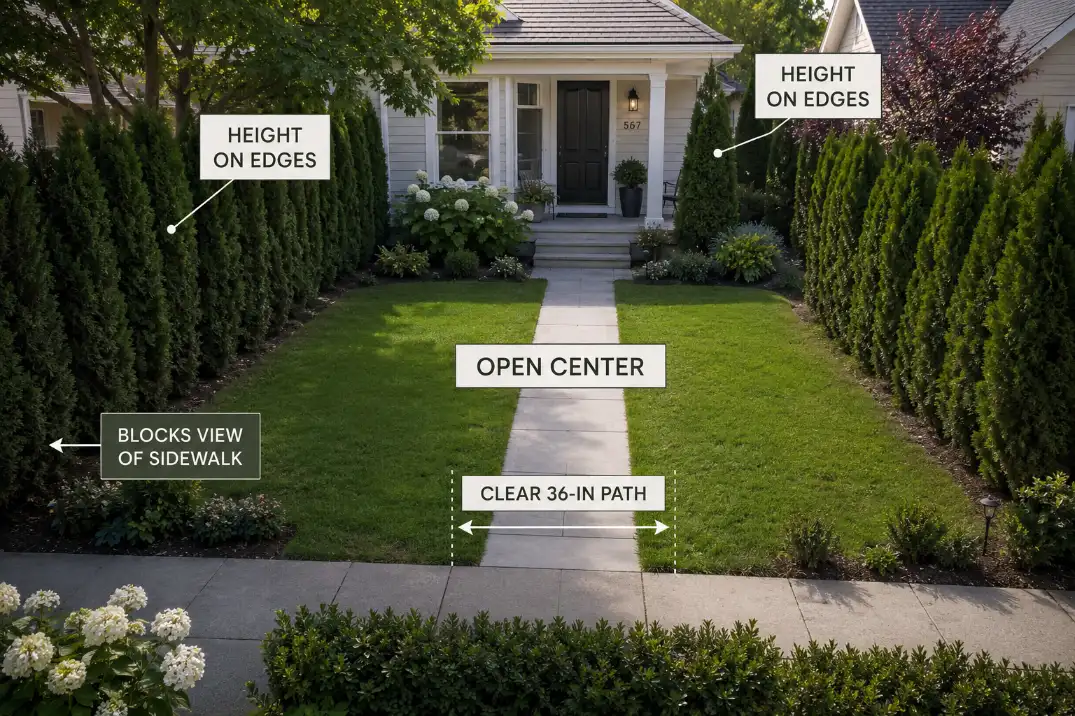 Small front yard privacy layout showing height placed near edges with an open center and clear walkway.
