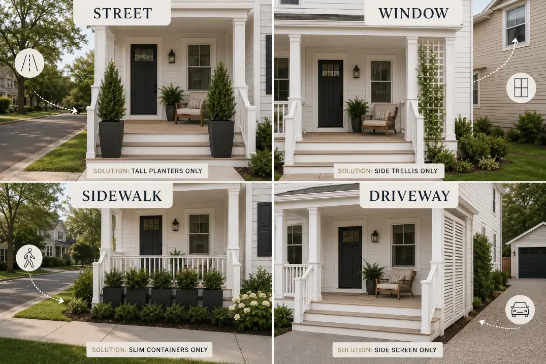 Four front porch privacy idea panels showing solutions for street view, neighbor window, close sidewalk, and driveway-side exposure.