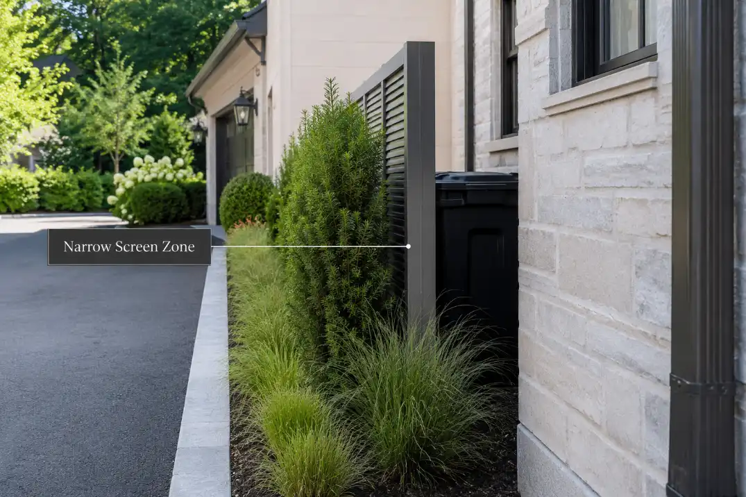 Narrow side yard driveway privacy screen with upright planting hiding an exposed utility area beside the driveway.