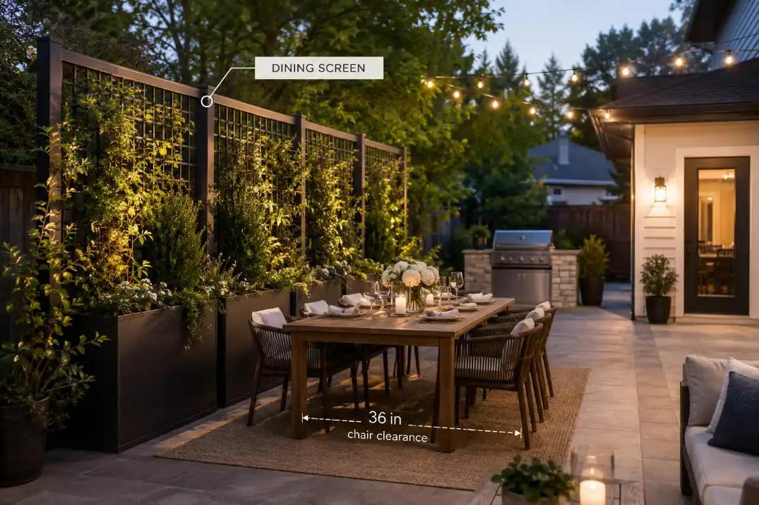 Backyard dining area privacy without a fence using tall planters and a partial trellis while keeping chair clearance open.
