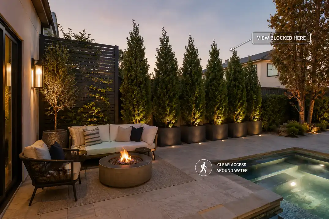 Patio near a pool or hot tub with container trees and a side screen blocking the most exposed neighbor view.