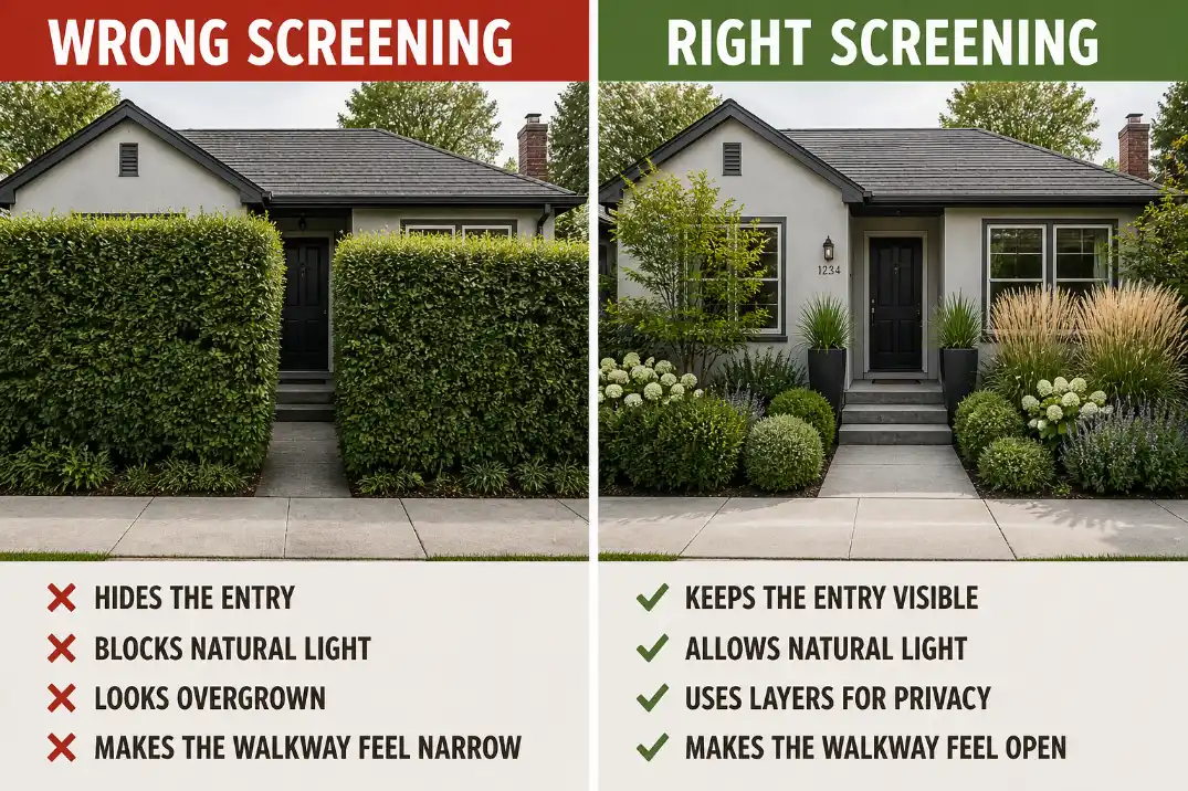 Comparison of an overgrown straight hedge and a layered no-fence front yard privacy design that keeps curb appeal.