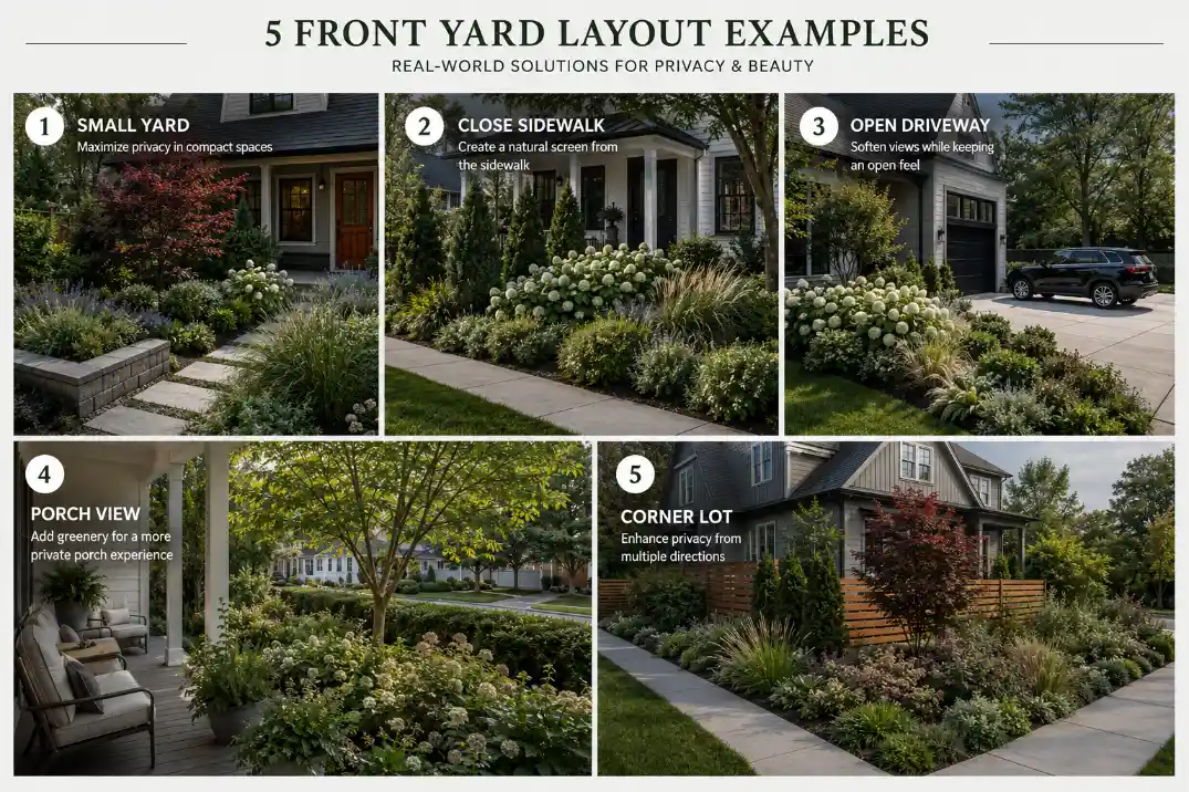 Five front yard privacy layout examples for small yards, close sidewalks, open driveways, porch views, and corner lots.