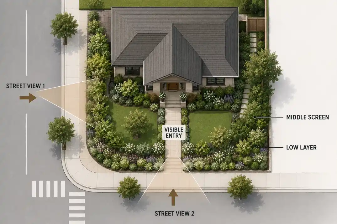 Corner lot front yard privacy layout showing layered planting softening two street views while keeping the entry visible.