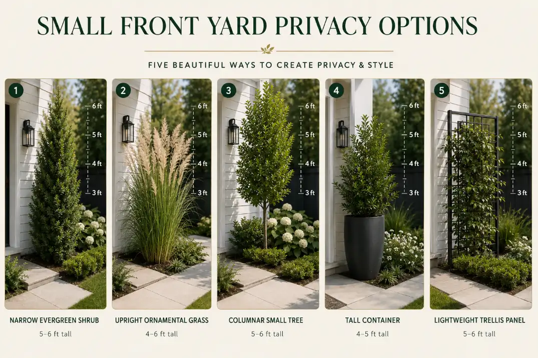 Small front yard privacy plant and feature comparison showing evergreen shrubs, ornamental grasses, columnar trees, tall containers, and trellis panels.