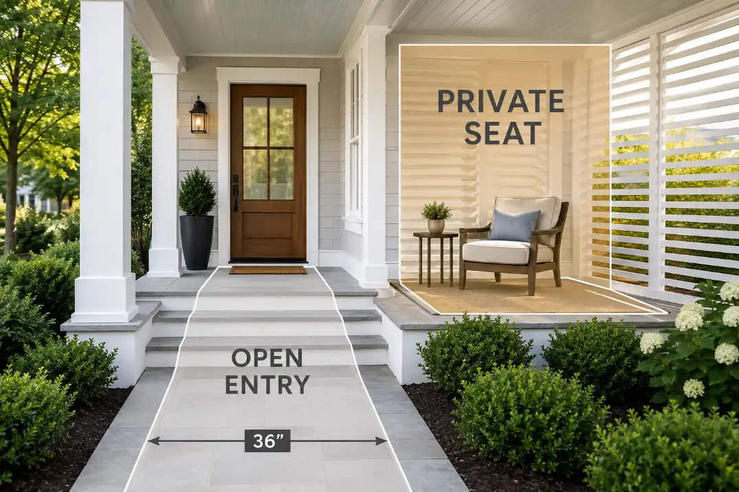 Front porch layout showing a private seating area beside a clear open entry path to the front door.