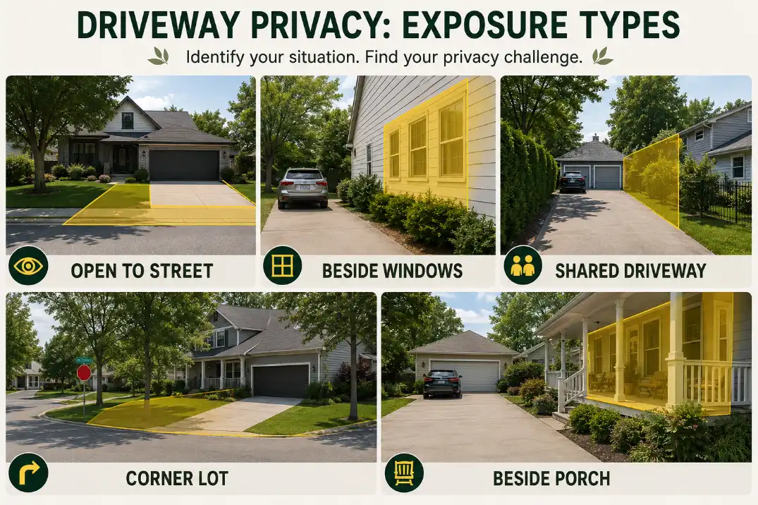 Visual guide showing five driveway privacy exposure types including open street, front windows, shared driveway, corner lot, and porch-side driveway.