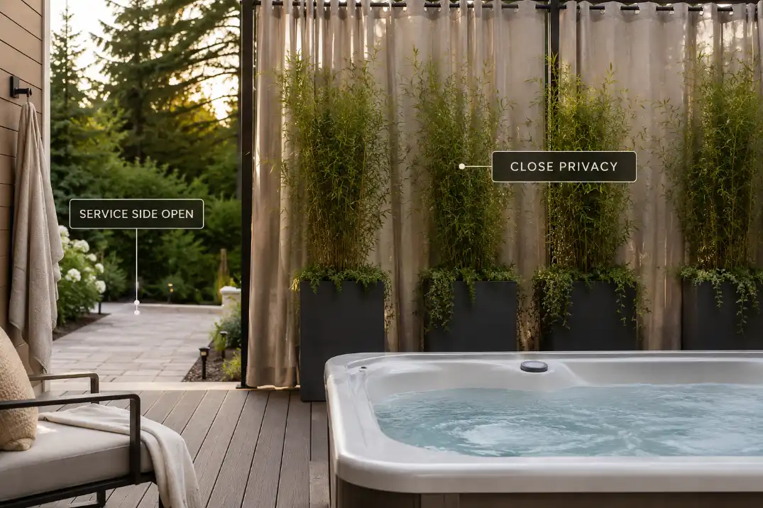 Hot tub privacy idea without a fence using close-range planters and outdoor curtains while keeping service access open.