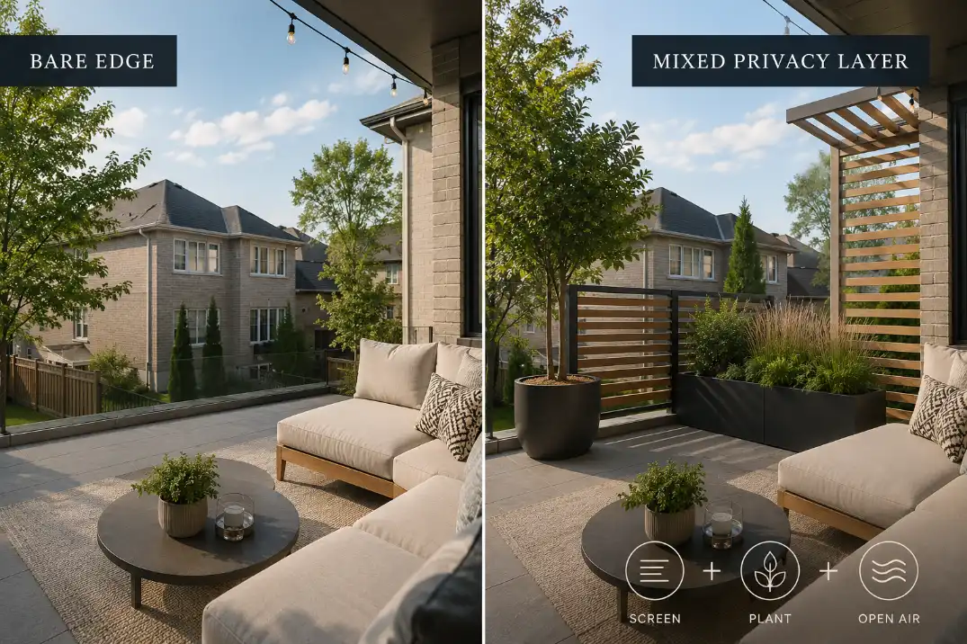 Before and after patio seating corner showing a bare exposed edge changed into a mixed privacy layer with screen, planter, and container tree.