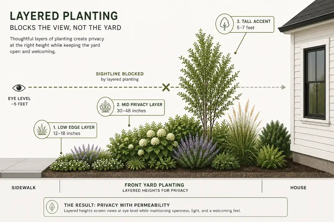 Side-view diagram showing low, mid-height, and accent planting layers for small front yard privacy without a fence.