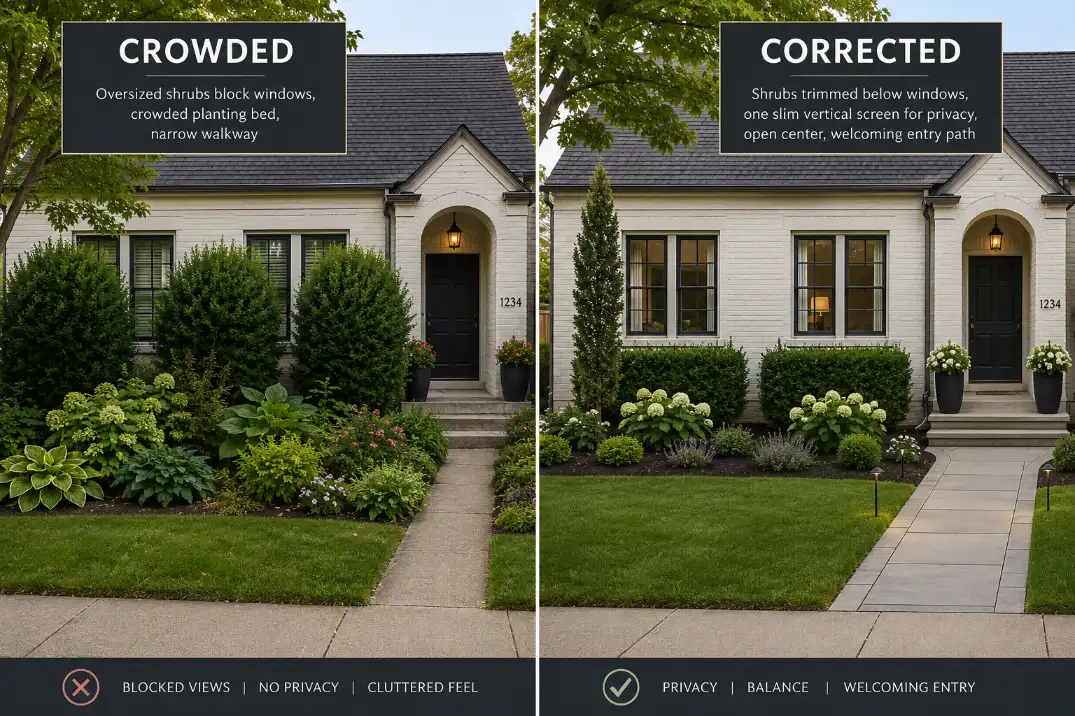 Before and after small front yard privacy design showing crowded oversized planting corrected with open center and slim screening.