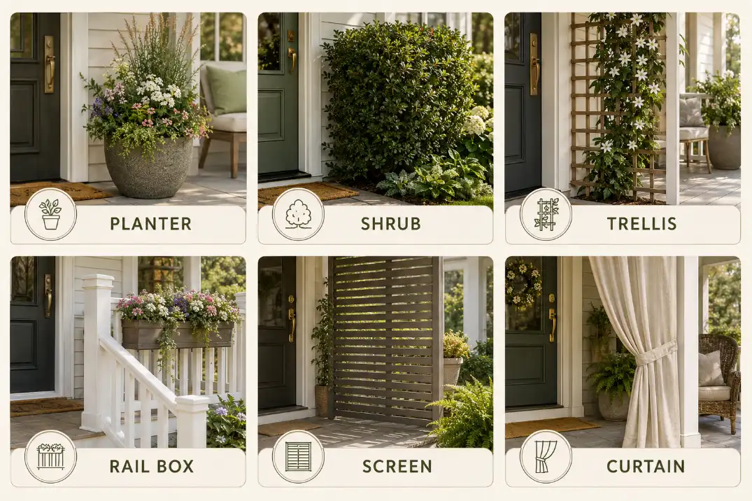 Six front porch privacy feature ideas showing planters, shrubs, trellis, rail boxes, screens, and curtains for an open-entry porch.
