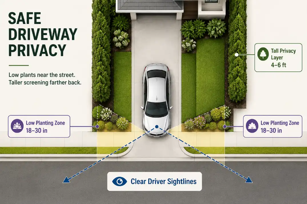 Driveway privacy sightline diagram showing low planting near the street and taller privacy screening set farther back for safer visibility.