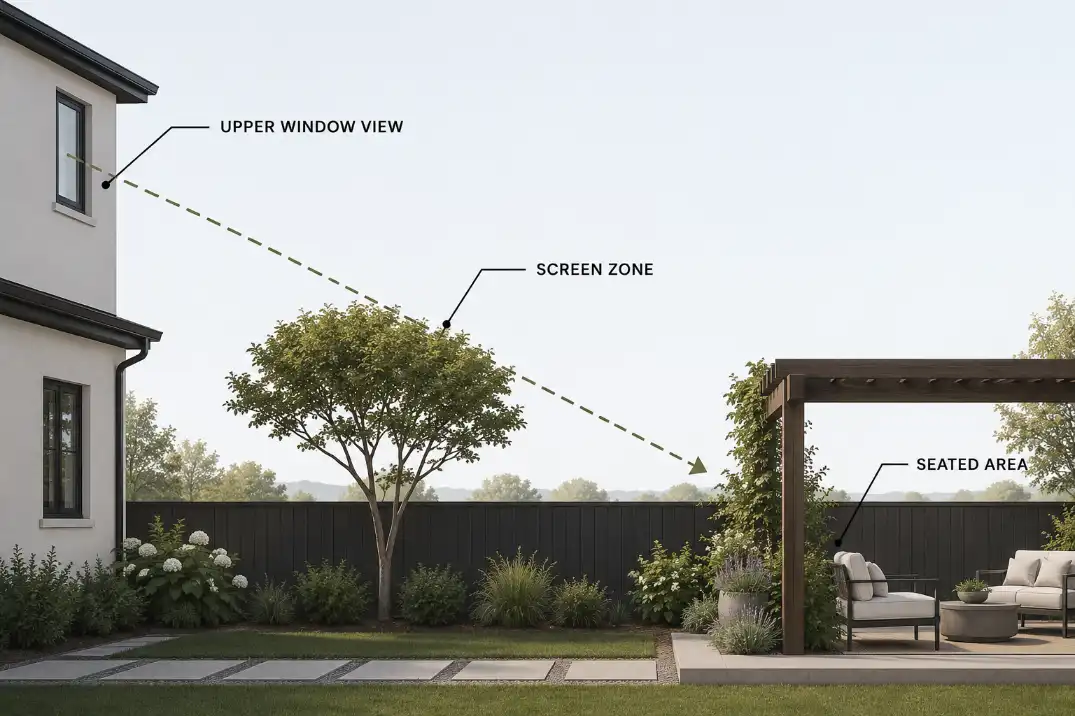 Diagram showing how a small tree canopy and pergola planting interrupt a second-story view into a backyard patio.