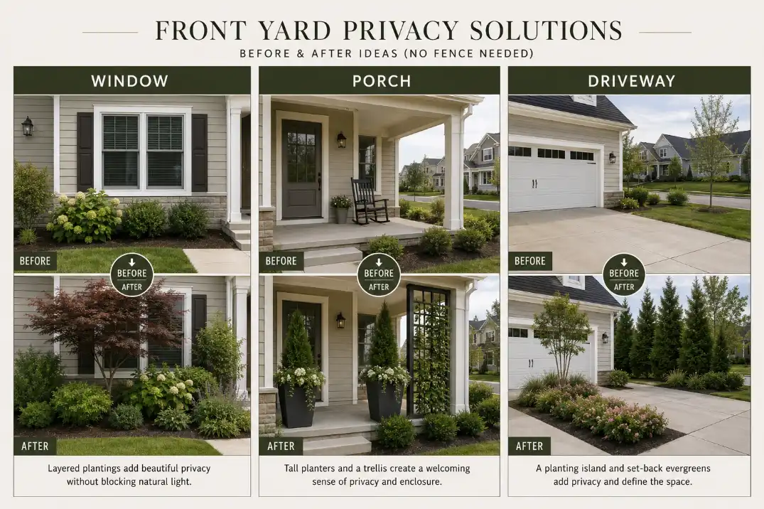 Three front yard privacy mini makeovers for an exposed window, plain porch, and open driveway without using a fence.