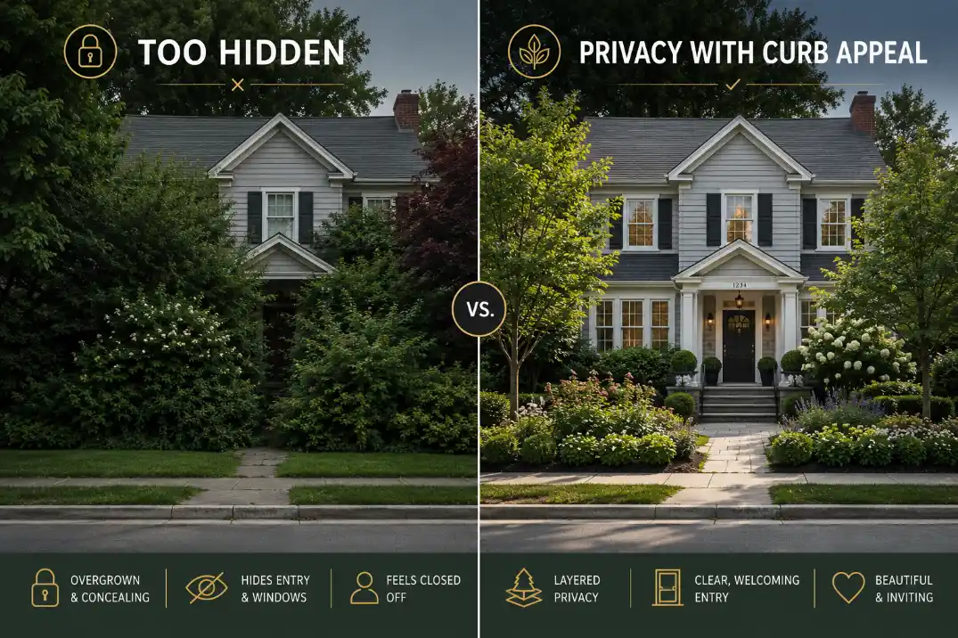 Comparison of overgrown front yard privacy planting hiding the house versus layered landscaping that keeps curb appeal.