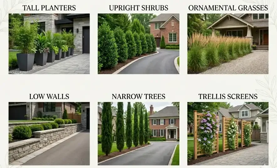 Comparison visual of driveway privacy features including tall planters, upright shrubs, ornamental grasses, low walls, narrow trees, and trellis screens.