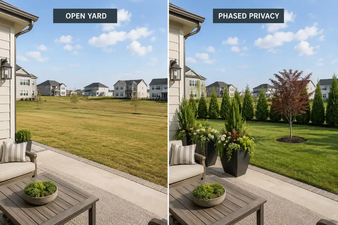 Before and after backyard privacy idea for an open new construction yard using planters, young evergreens, and a small tree without a fence.