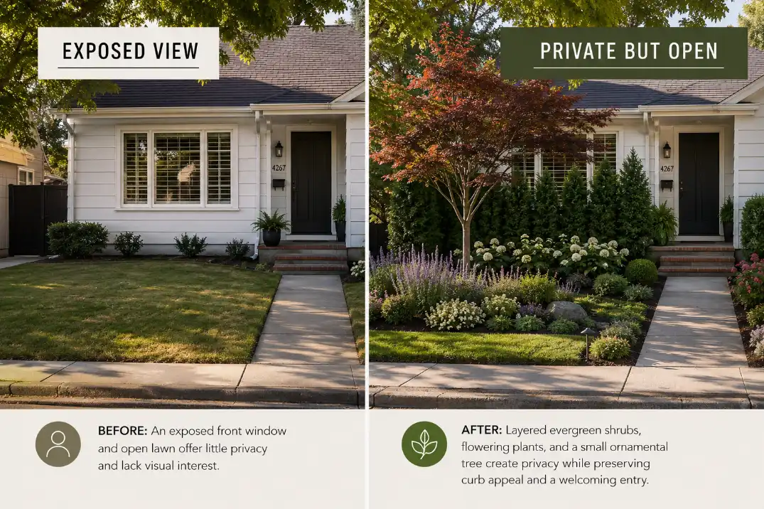 Before and after front yard privacy planting showing an exposed window softened with layered shrubs while the entry stays open.