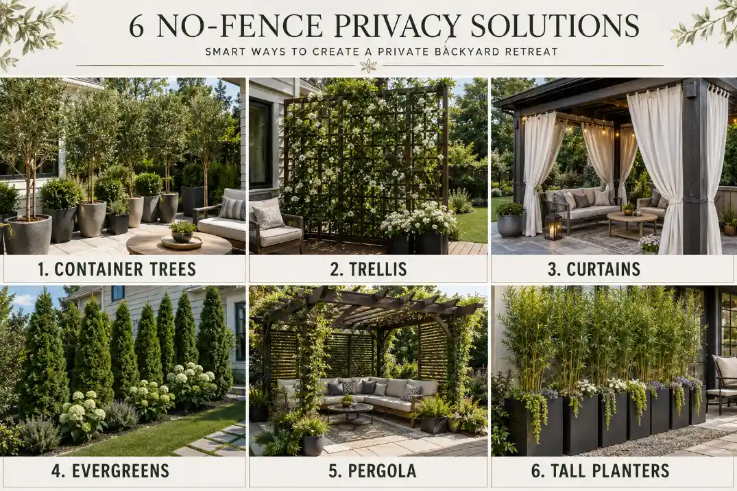 Visual comparison of backyard privacy features including container trees, trellis panels, curtains, evergreens, pergolas, and tall planters.