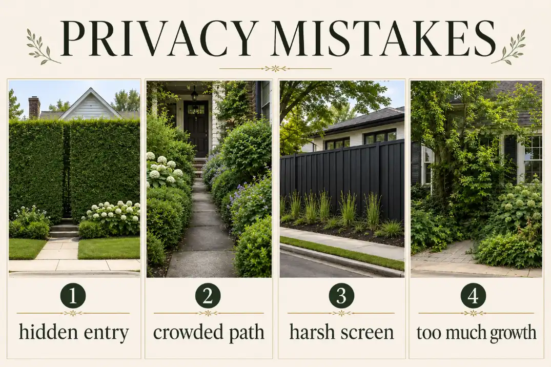 Four front yard privacy mistakes showing a hidden entry, crowded sidewalk, harsh screen, and overgrown planting.