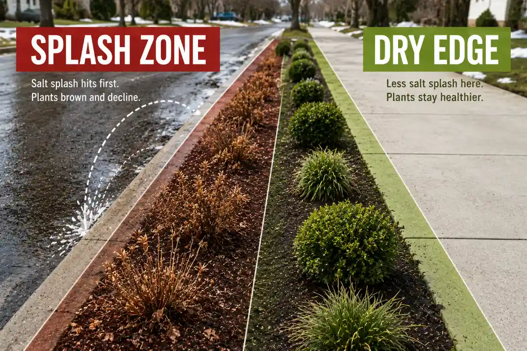 Comparison of salt splash damage along a curb edge and a normal dry edge in a sidewalk planting strip.