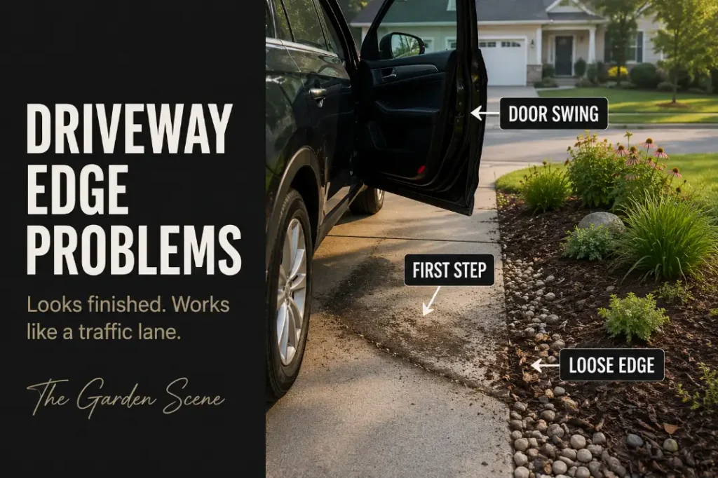 Driveway edge with a car door swing zone, worn first-step landing, loose mulch, and low plants too close to the concrete.