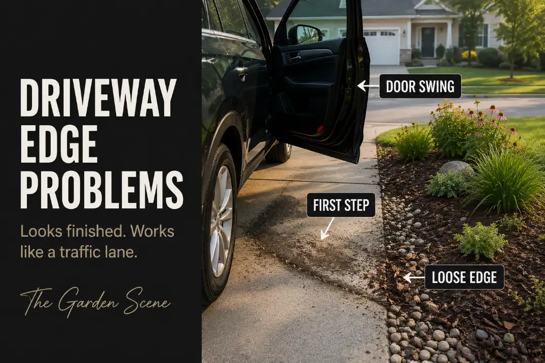 Driveway edge with a car door swing zone, worn first-step landing, loose mulch, and low plants too close to the concrete.