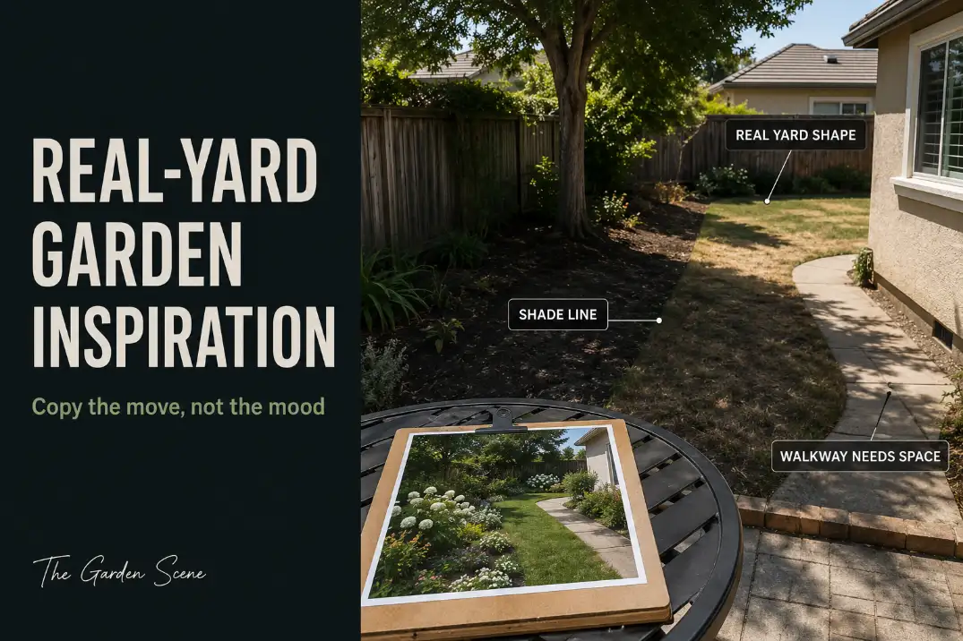 Garden inspiration photo on a planning board compared with a real backyard showing shade line, fixed patio edge, and walkway space limits.
