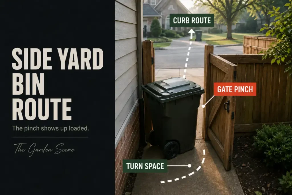 Full trash bin pinching at a side yard gate turn before reaching the driveway and curb on pickup day.