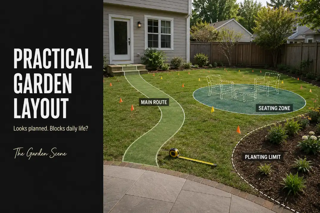 Backyard garden layout being tested with lawn flags, seating zone, main route, and planting limit before permanent installation.
