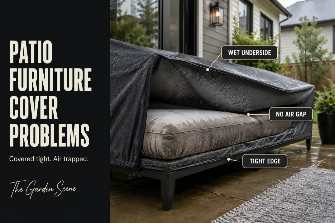 Covered patio sofa with trapped moisture under a tight furniture cover and wet cushion edges after rain.