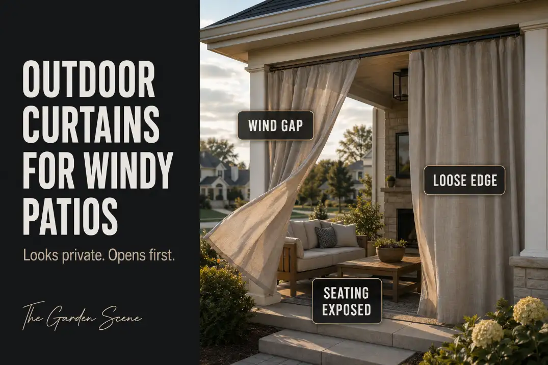 Outdoor curtains on a windy patio blowing open at the side and exposing the seating area through a loose wind gap.