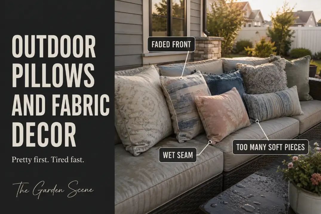 Outdoor patio pillows with faded sun-facing fabric, damp seam edges, and too many soft pieces cluttering a patio sofa.