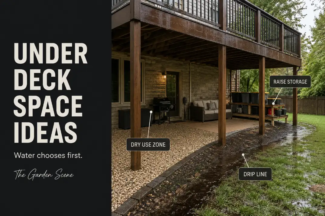 Raised backyard deck with a damp drip line, dry under deck use zone, and raised storage kept off the ground.