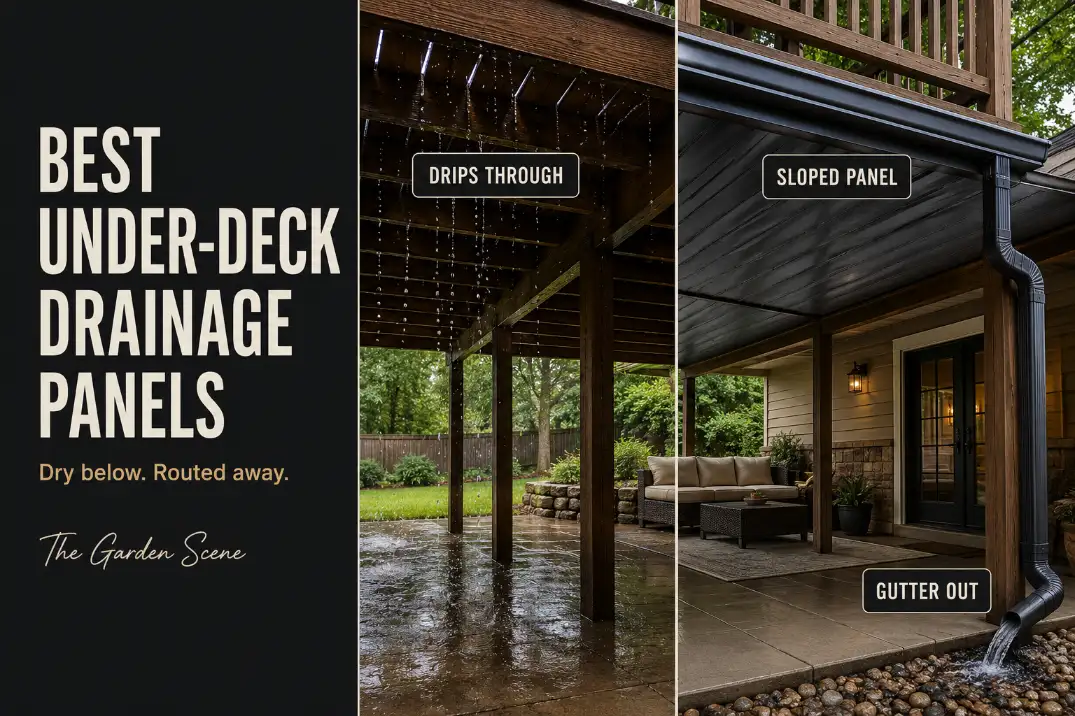 Best under-deck drainage panels shown below a raised deck, with rain dripping through deck boards and sloped panels routing water to a gutter.