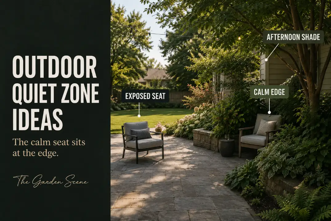 Outdoor quiet zone ideas showing an exposed patio seat compared with a calmer shaded edge seat in a suburban backyard.