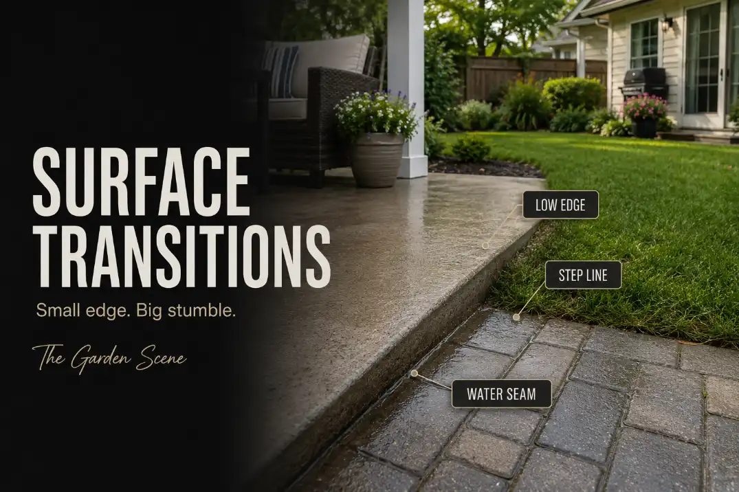 Concrete patio transition to a lower lawn and paver path with a low edge, step line, and water seam in a suburban backyard.