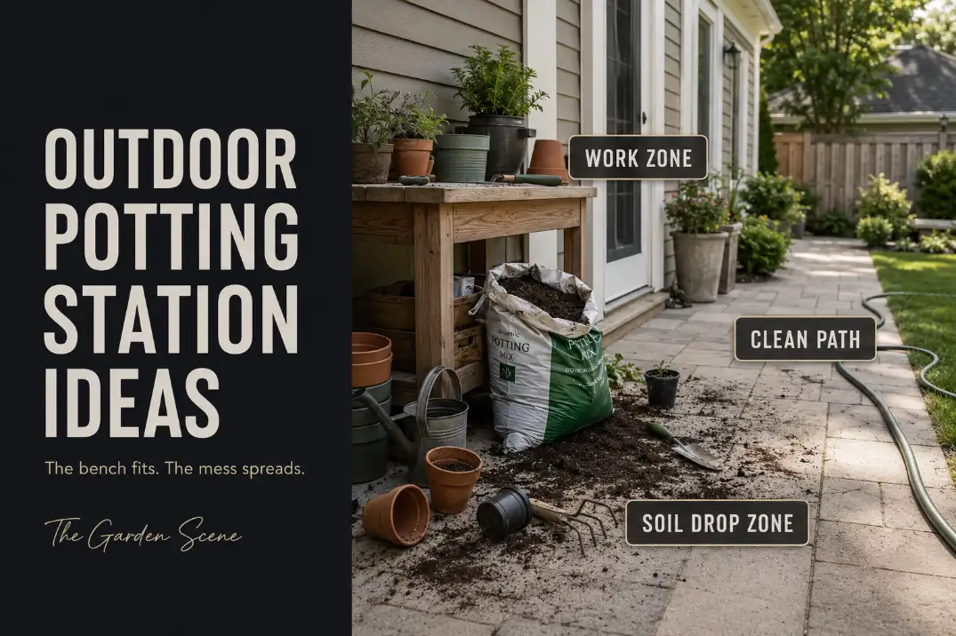 Outdoor potting station beside a patio showing soil, tools, and a clean walking path where garden work spreads beyond the bench.