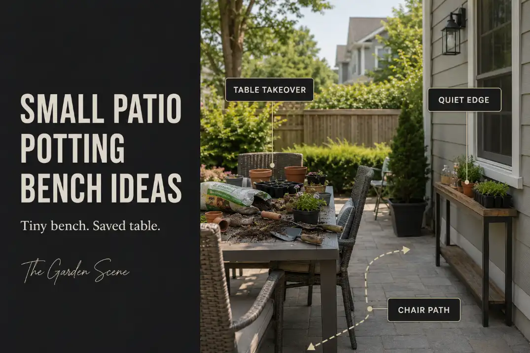 Small patio table taken over by pots and soil while a quiet wall edge shows where a compact potting bench should go.